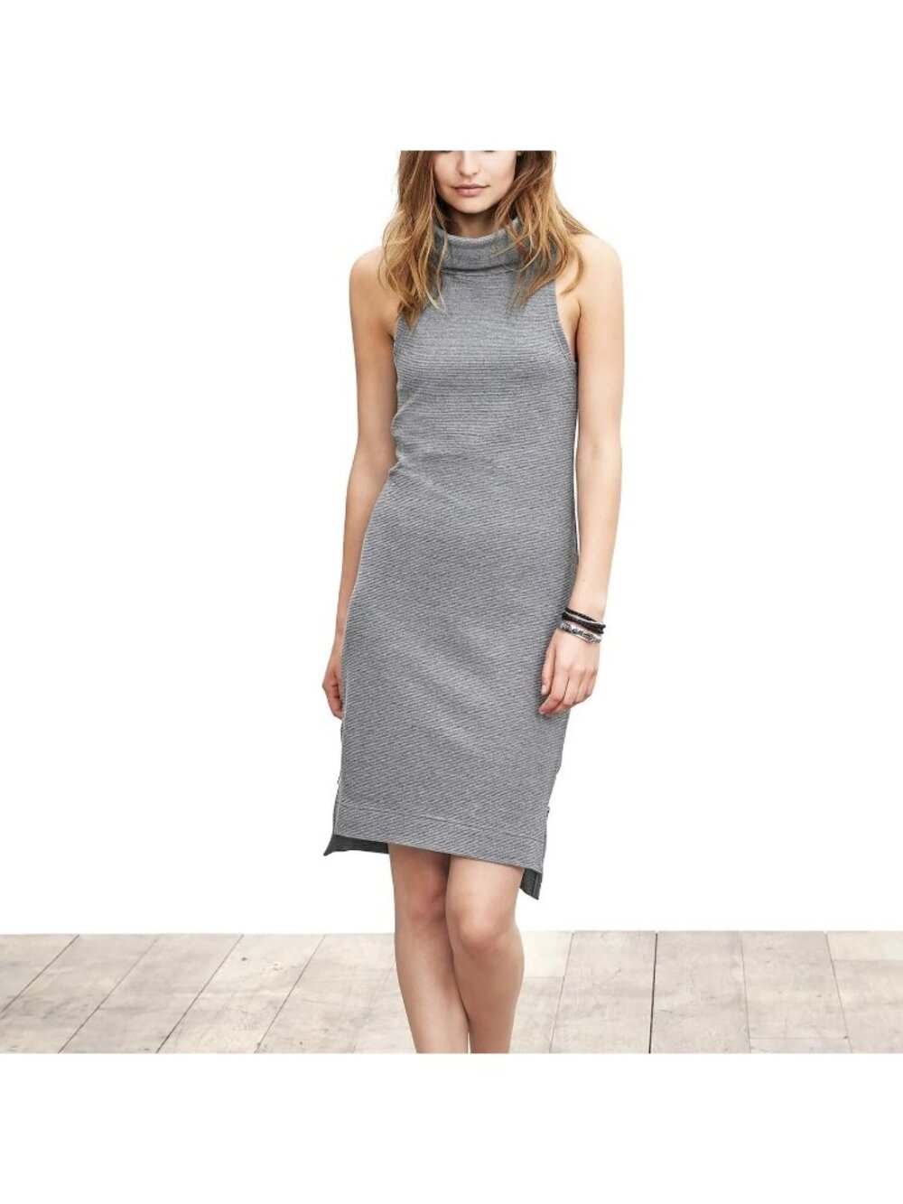 Banana Republic Size XL Gray Micro-Stripe Sleeveless Knit Turtleneck Tunic Dress